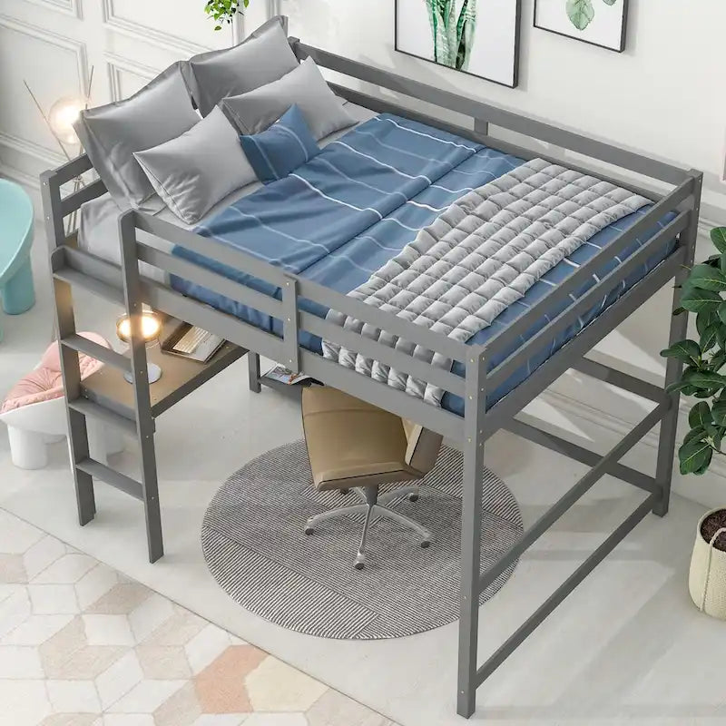 Lit mezzanine avec bureau, étagères et échelle, 1 personne - Blanc / Espresso / Gris