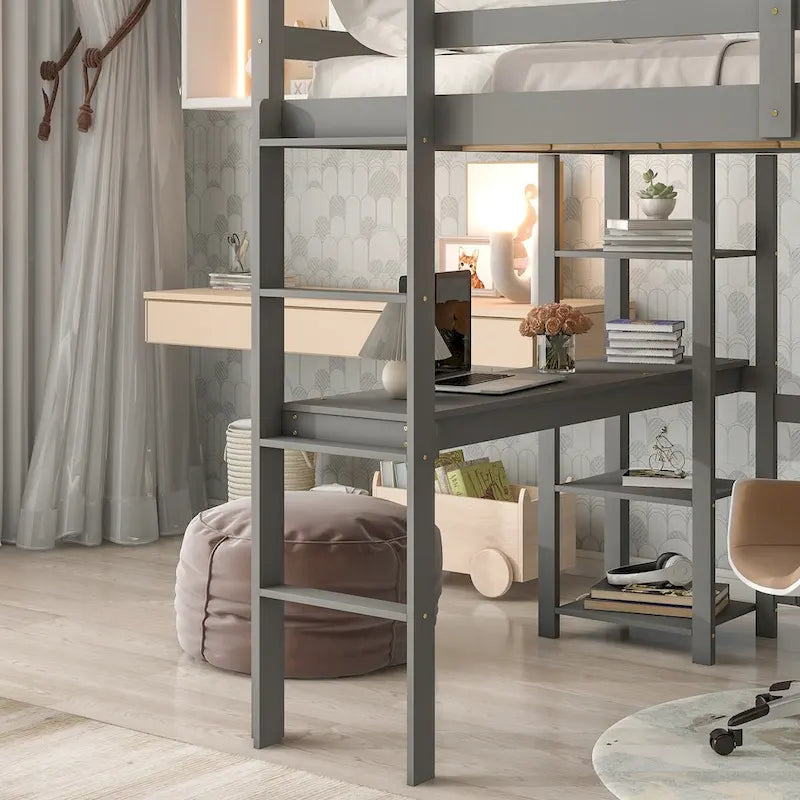 Lit mezzanine avec bureau, étagères et échelle, 1 personne - Blanc / Espresso / Gris