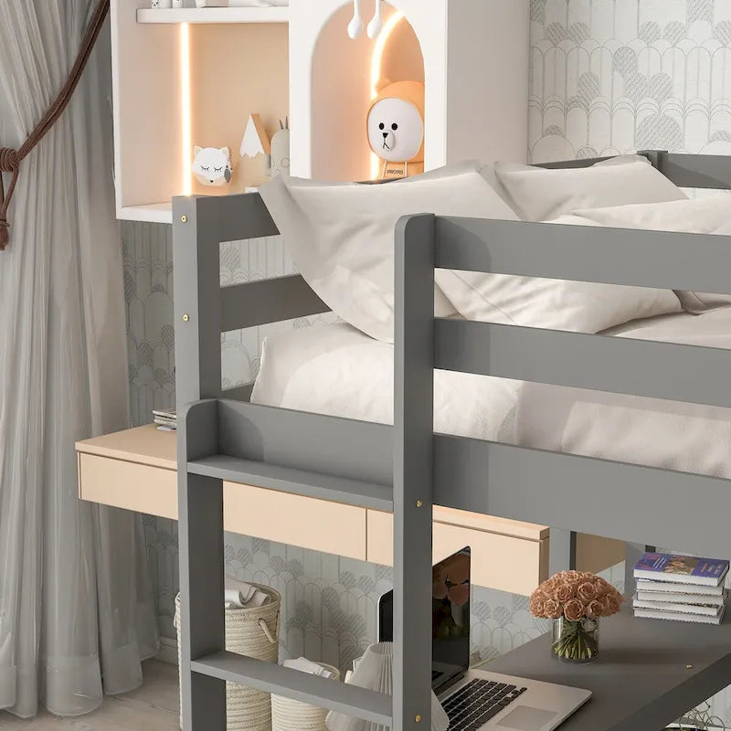 Lit mezzanine avec bureau, étagères et échelle, 1 personne - Blanc / Espresso / Gris