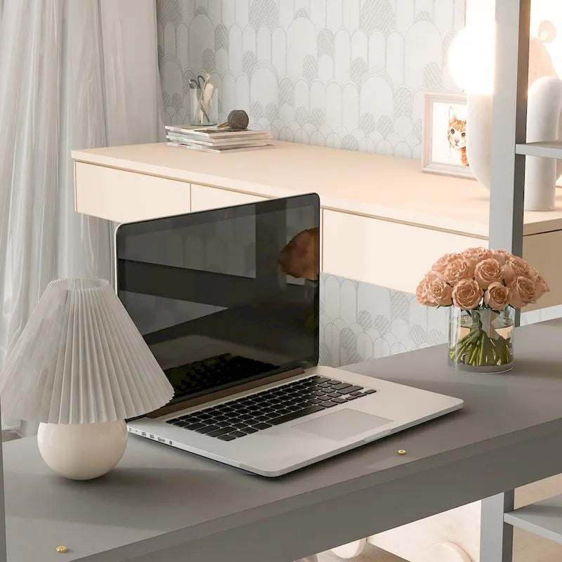 Lit mezzanine avec bureau, étagères et échelle, 1 personne - Blanc / Espresso / Gris