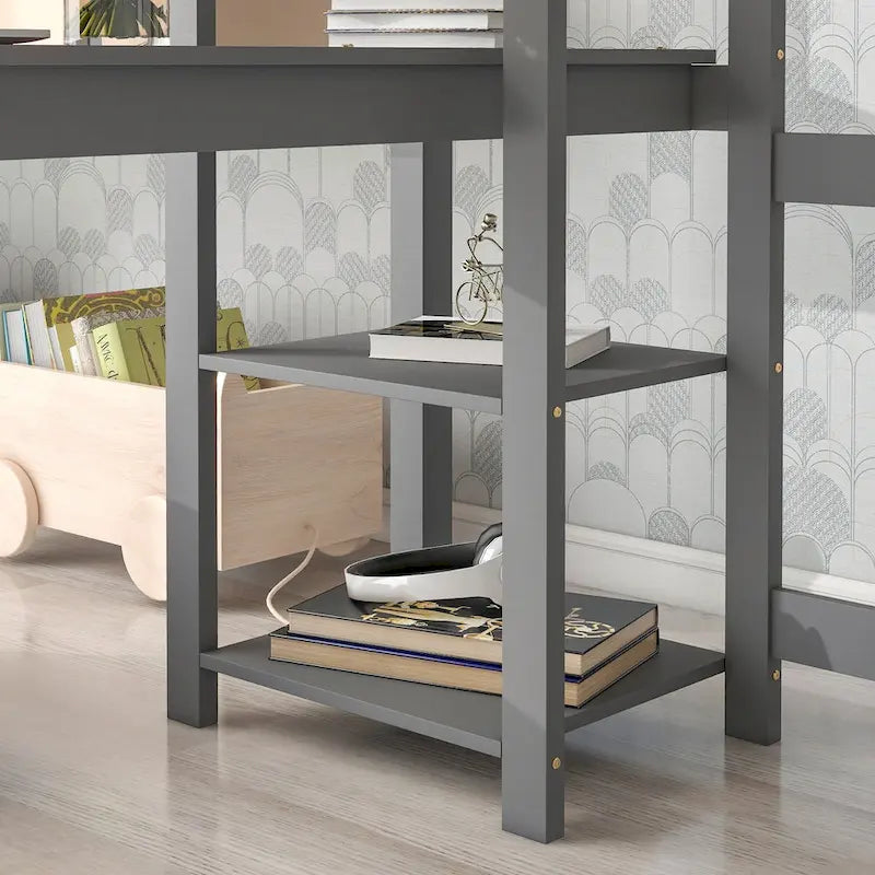 Lit mezzanine avec bureau, étagères et échelle, 1 personne - Blanc / Espresso / Gris