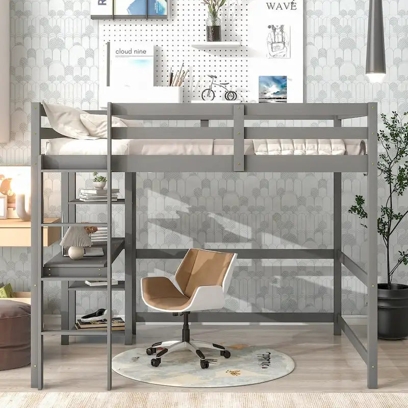 Lit mezzanine avec bureau, étagères et échelle, 1 personne - Blanc / Espresso / Gris