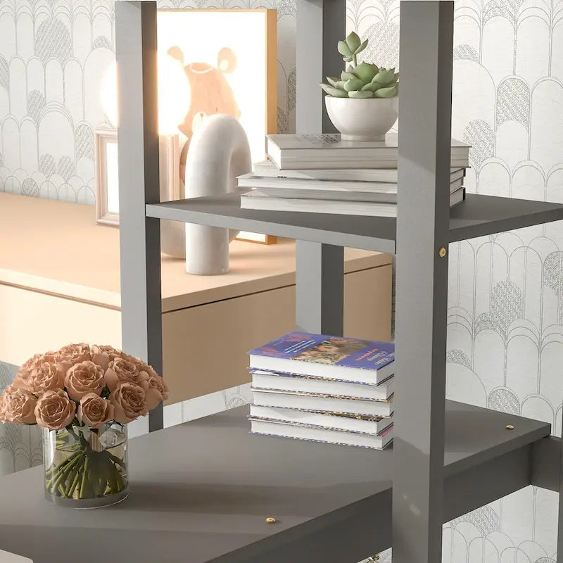 Lit mezzanine avec bureau, étagères et échelle, 1 personne - Blanc / Espresso / Gris