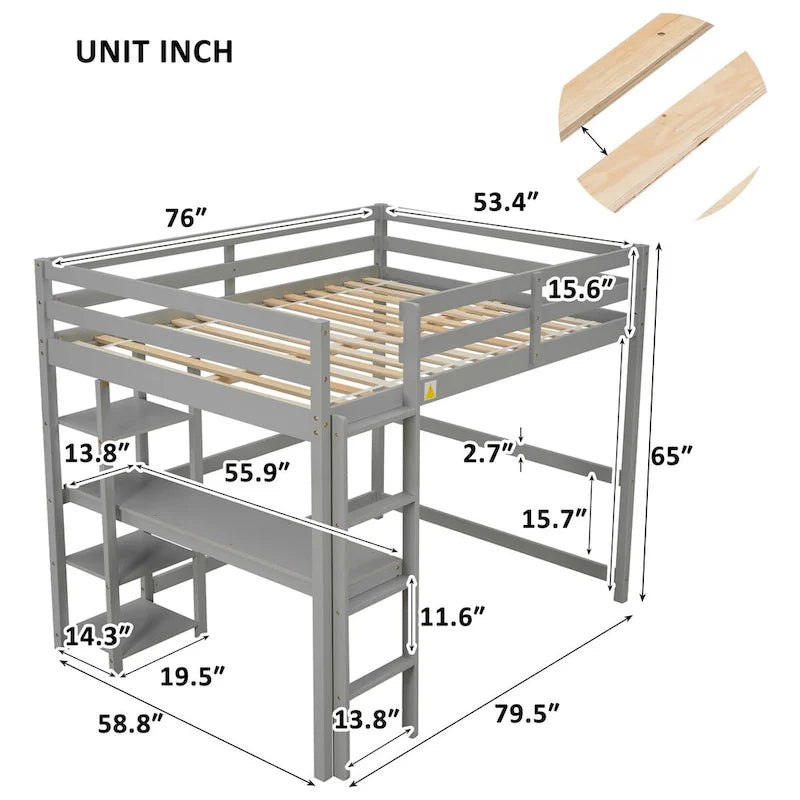Lit mezzanine avec bureau, étagères et échelle, 1 personne - Blanc / Espresso / Gris