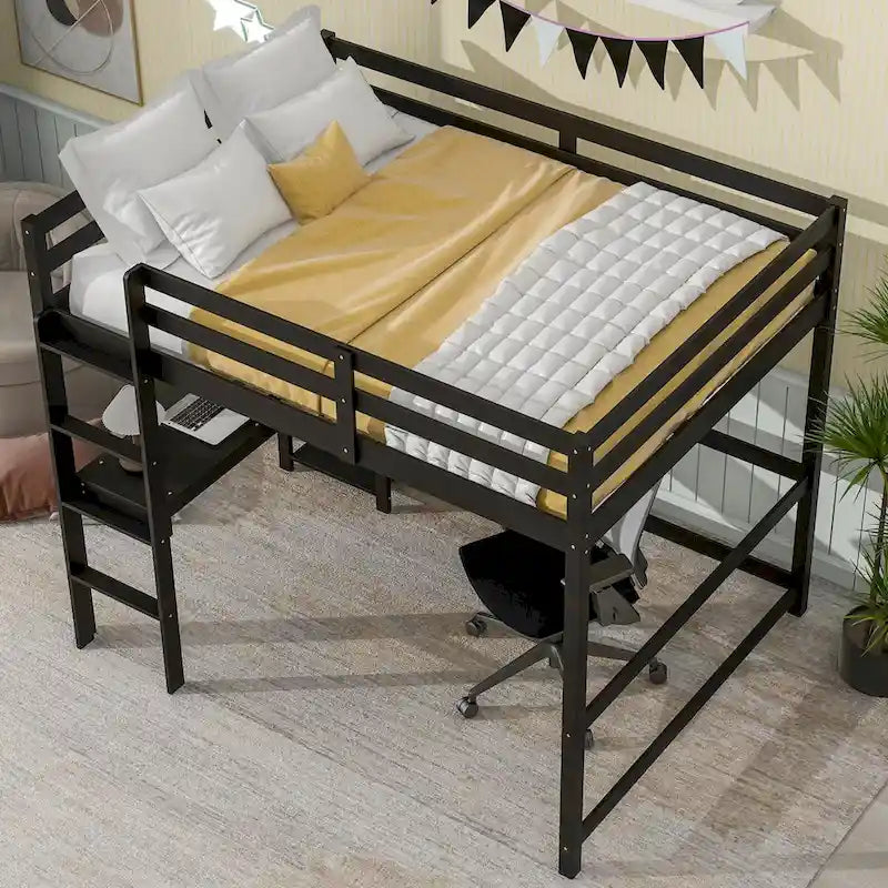Lit mezzanine avec bureau, étagères et échelle, 1 personne - Blanc / Espresso / Gris