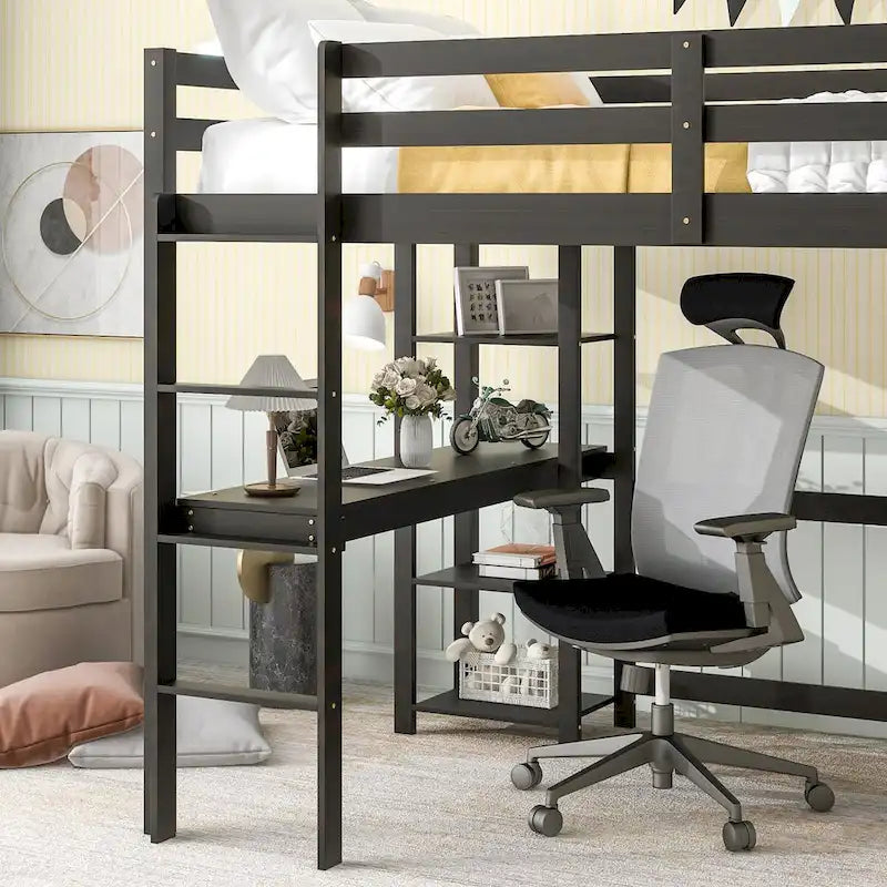 Lit mezzanine avec bureau, étagères et échelle, 1 personne - Blanc / Espresso / Gris