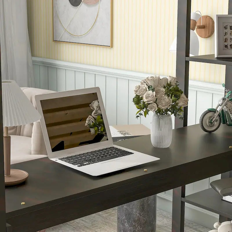 Lit mezzanine avec bureau, étagères et échelle, 1 personne - Blanc / Espresso / Gris