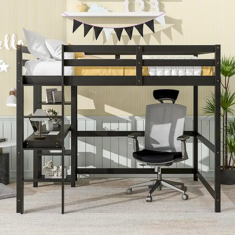 Lit mezzanine avec bureau, étagères et échelle, 1 personne - Blanc / Espresso / Gris