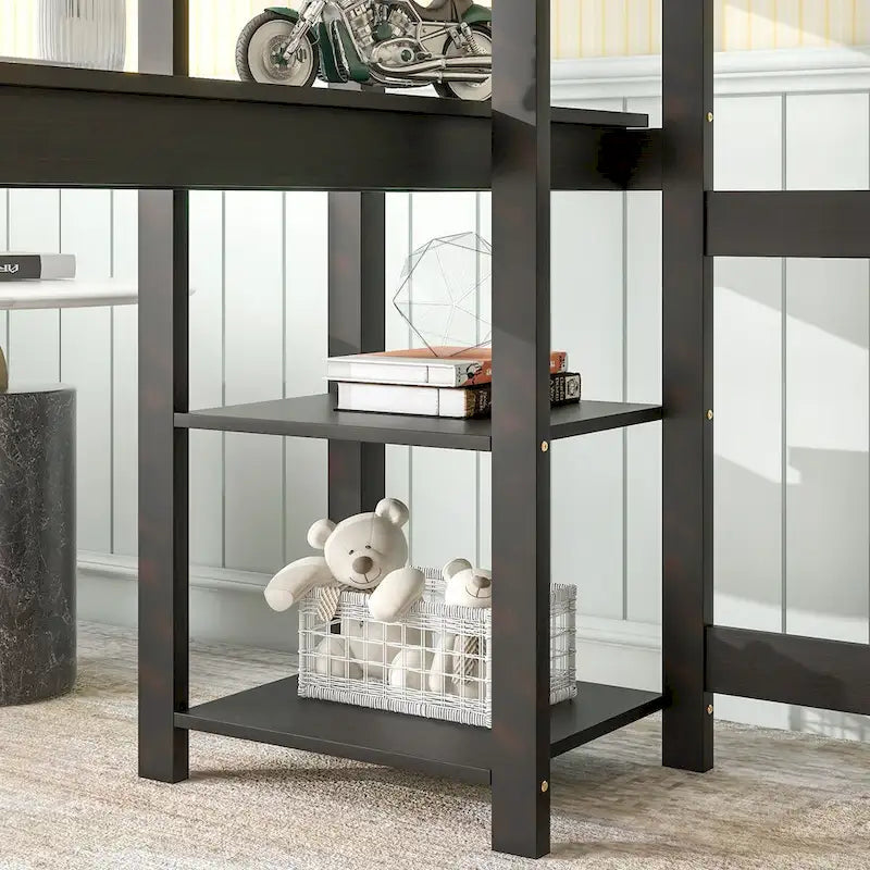 Lit mezzanine avec bureau, étagères et échelle, 1 personne - Blanc / Espresso / Gris