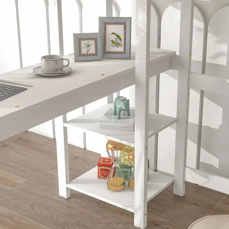 Lit mezzanine avec bureau, étagères et échelle, 1 personne - Blanc / Espresso / Gris