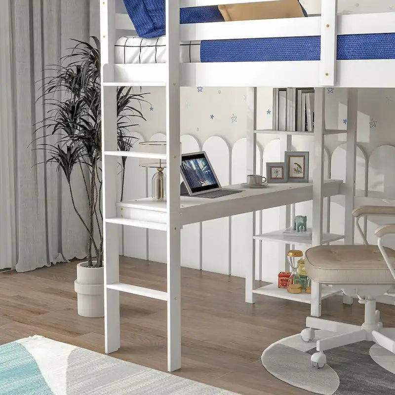 Lit mezzanine avec bureau, étagères et échelle, 1 personne - Blanc / Espresso / Gris