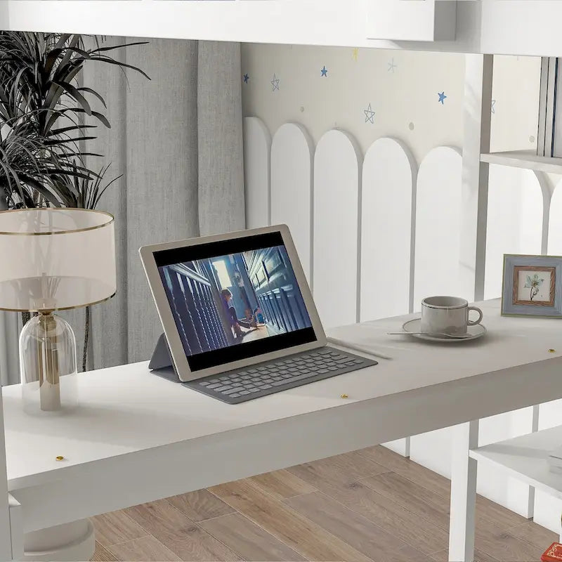 Lit mezzanine avec bureau, étagères et échelle, 1 personne - Blanc / Espresso / Gris