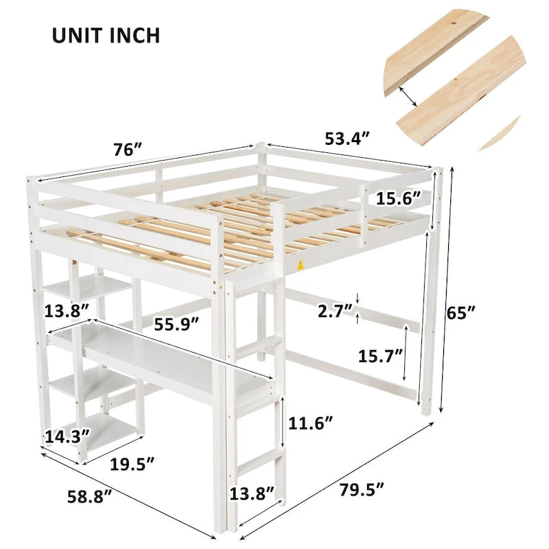 Lit mezzanine avec bureau, étagères et échelle, 1 personne - Blanc / Espresso / Gris