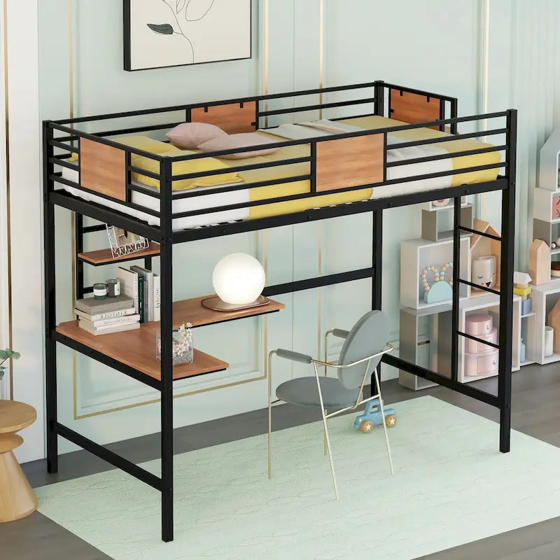 Lit mezzanine double en métal noir/blanc avec bureau et étagères, 1 personne