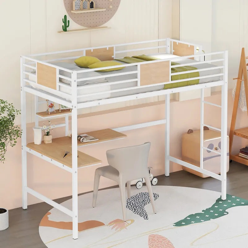 Lit mezzanine double en métal noir/blanc avec bureau et étagères, 1 personne