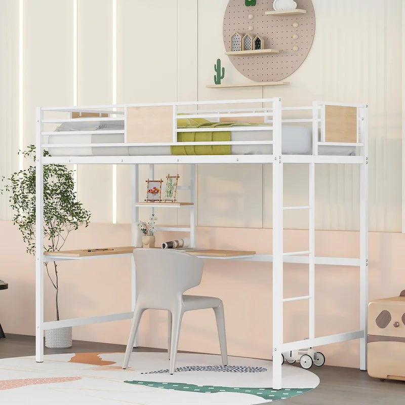 Metal Loft Bed with Desk and Shelve