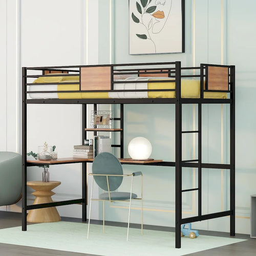 Lit mezzanine double en métal noir/blanc avec bureau et étagères, 1 personne