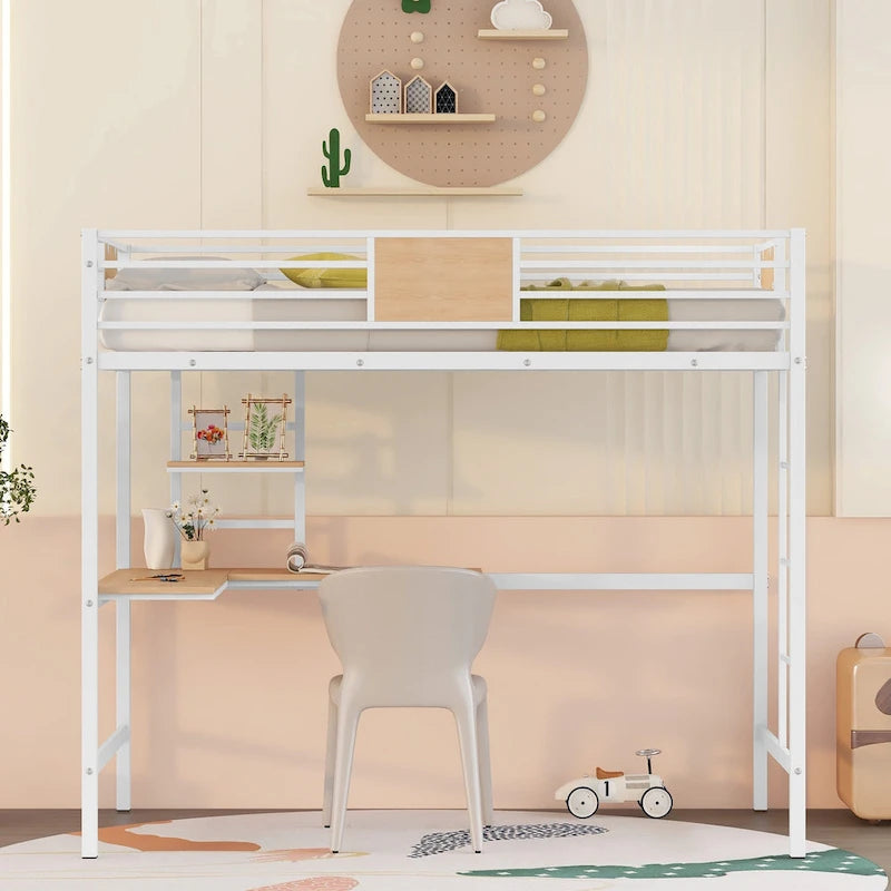 Lit mezzanine double en métal noir/blanc avec bureau et étagères, 1 personne