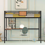 Lit mezzanine double en métal noir/blanc avec bureau et étagères, 1 personne