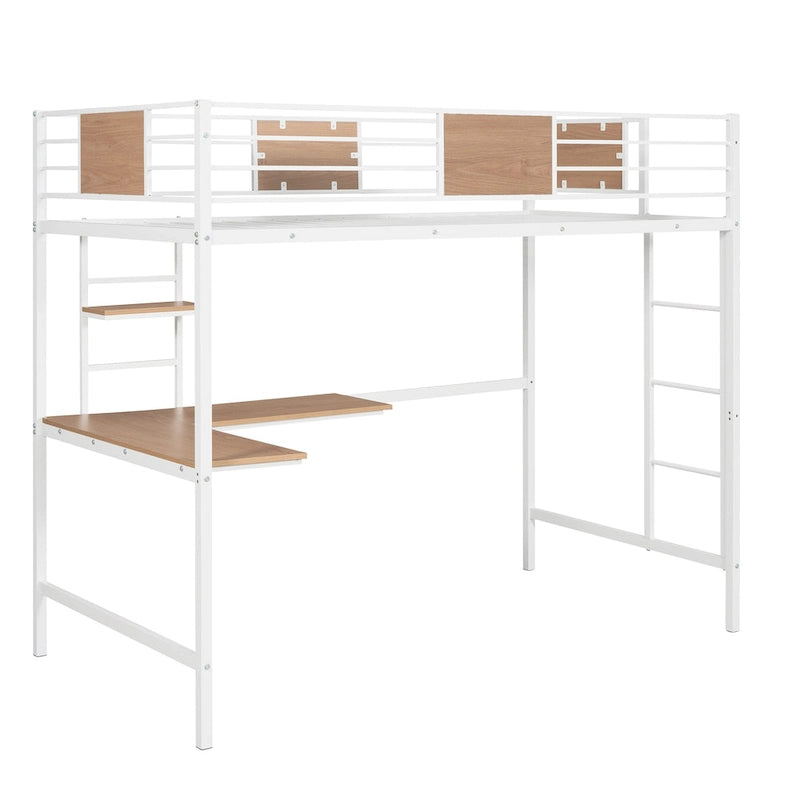 Lit mezzanine double en métal noir/blanc avec bureau et étagères, 1 personne