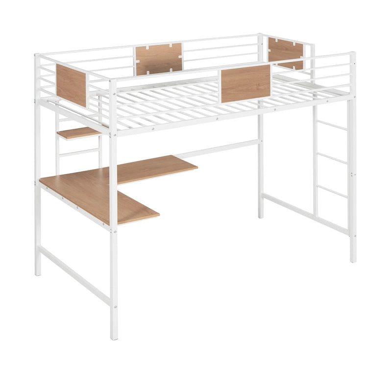 Lit mezzanine double en métal noir/blanc avec bureau et étagères, 1 personne