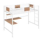 Lit mezzanine double en métal noir/blanc avec bureau et étagères, 1 personne