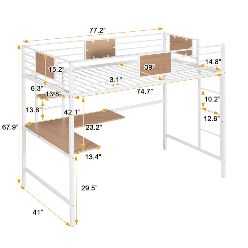 Lit mezzanine double en métal noir/blanc avec bureau et étagères, 1 personne