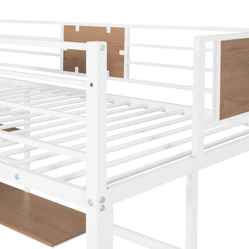 Lit mezzanine double en métal noir/blanc avec bureau et étagères, 1 personne