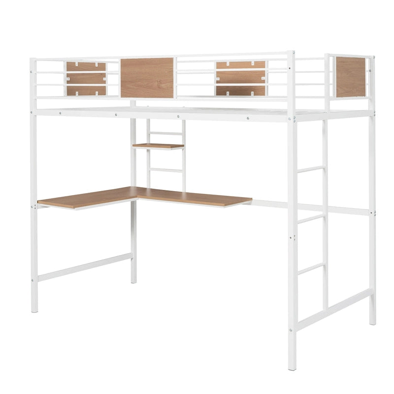 Lit mezzanine double en métal noir/blanc avec bureau et étagères, 1 personne