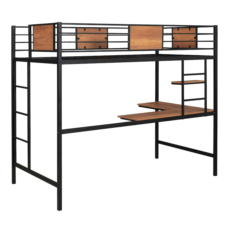 Lit mezzanine double en métal noir/blanc avec bureau et étagères, 1 personne