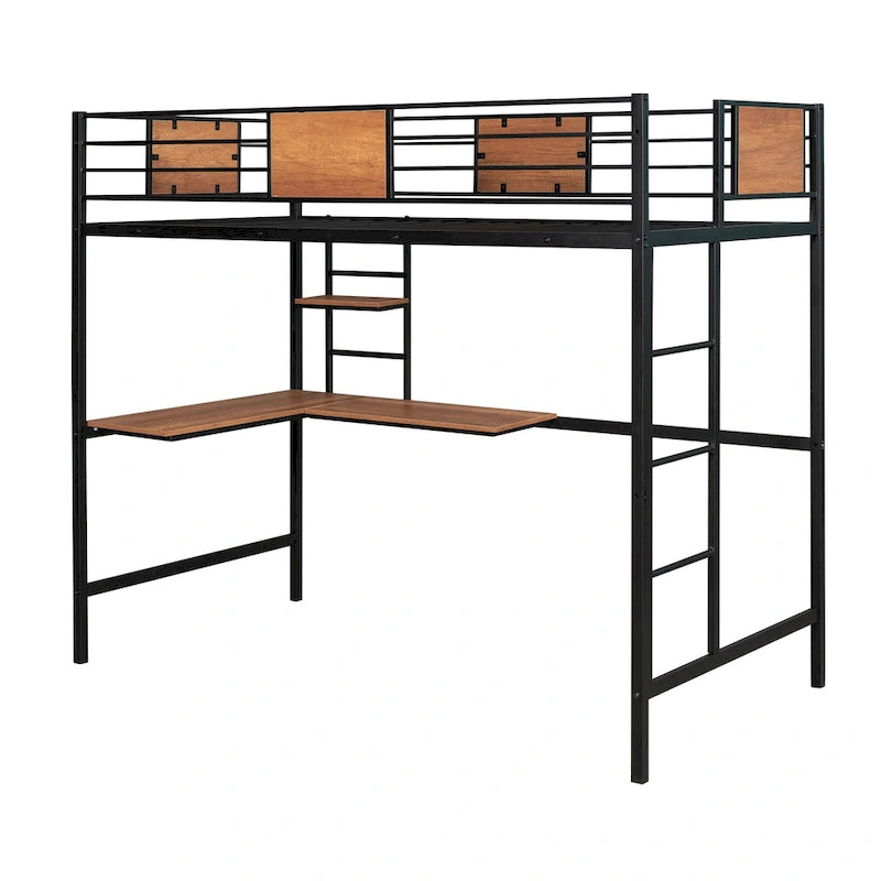 Lit mezzanine double en métal noir/blanc avec bureau et étagères, 1 personne