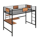 Lit mezzanine double en métal noir/blanc avec bureau et étagères, 1 personne