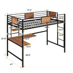 Lit mezzanine double en métal noir/blanc avec bureau et étagères, 1 personne