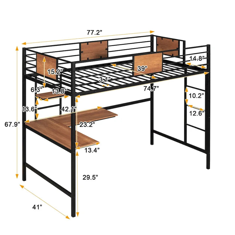 Lit mezzanine double en métal noir/blanc avec bureau et étagères, 1 personne