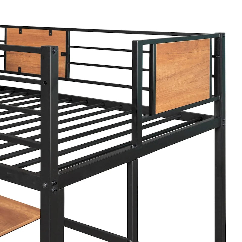 Lit mezzanine double en métal noir/blanc avec bureau et étagères, 1 personne