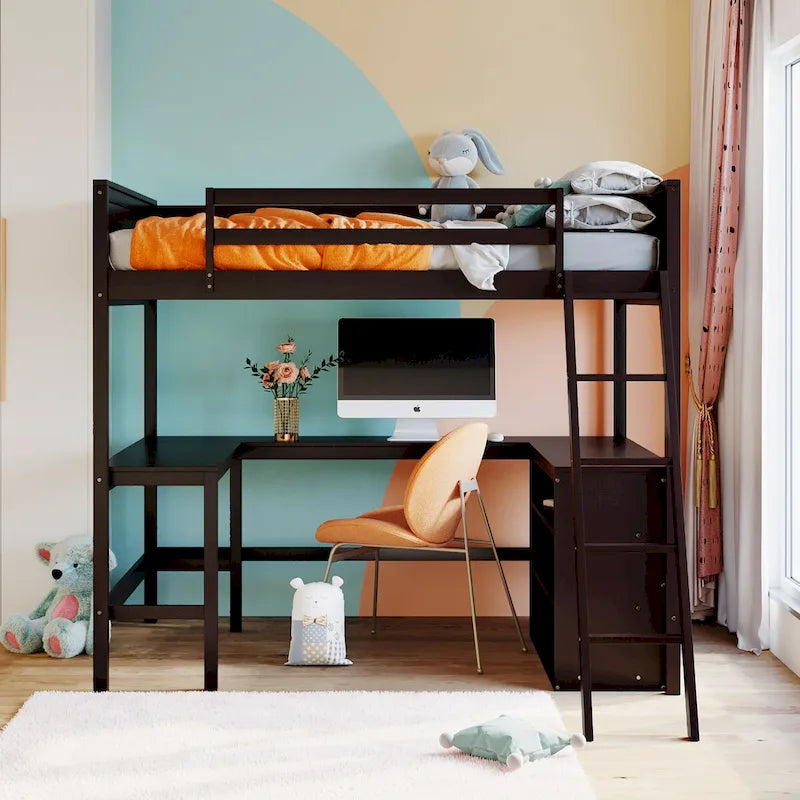 Lit mezzanine pleine grandeur avec bureau et étagères, Expresso/Blanc/Gris, 1 personne
