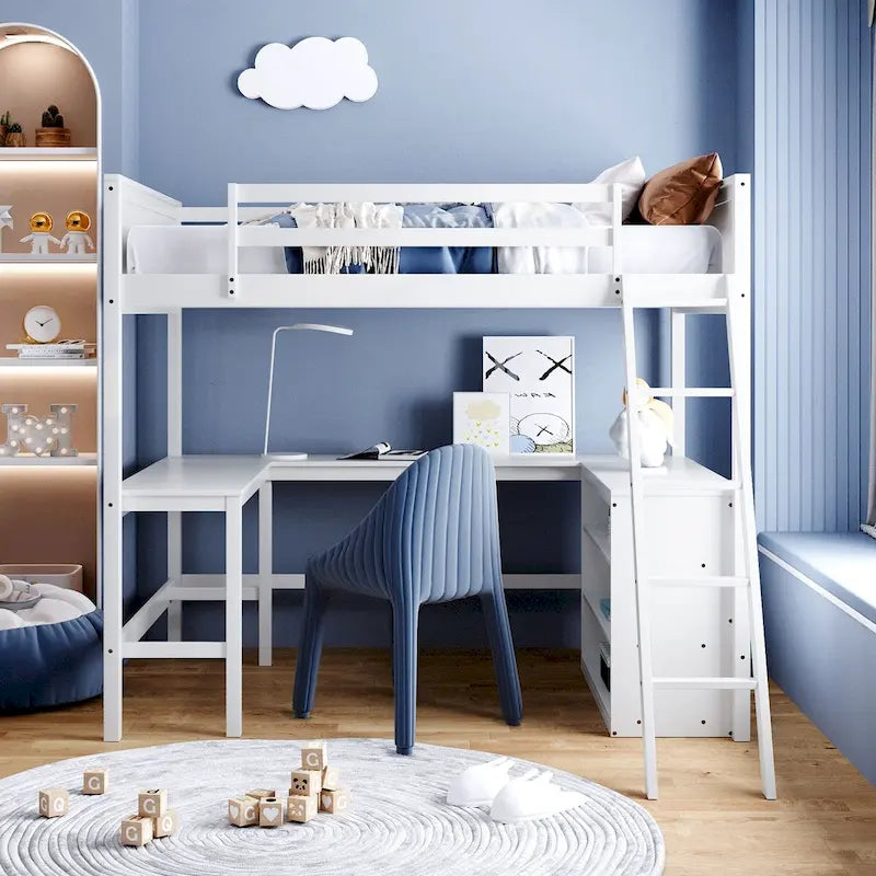 Lit mezzanine pleine grandeur avec bureau et étagères, Expresso/Blanc/Gris, 1 personne