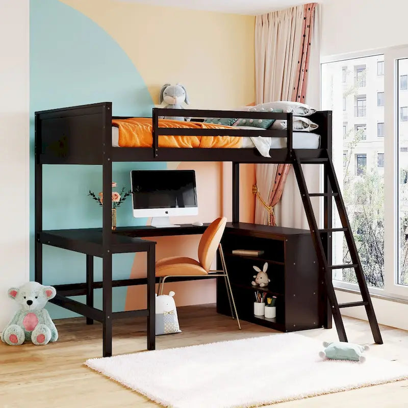 Loft Bed with Shelves and Desk, Wooden Loft Bed with Desk
