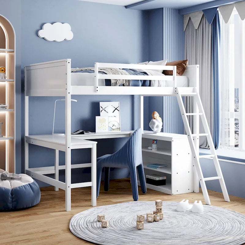 Lit mezzanine pleine grandeur avec bureau et étagères, Expresso/Blanc/Gris, 1 personne