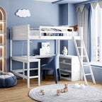 Lit mezzanine pleine grandeur avec bureau et étagères, Expresso/Blanc/Gris, 1 personne