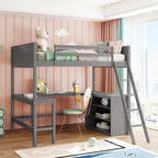 Lit mezzanine pleine grandeur avec bureau et étagères, Expresso/Blanc/Gris, 1 personne