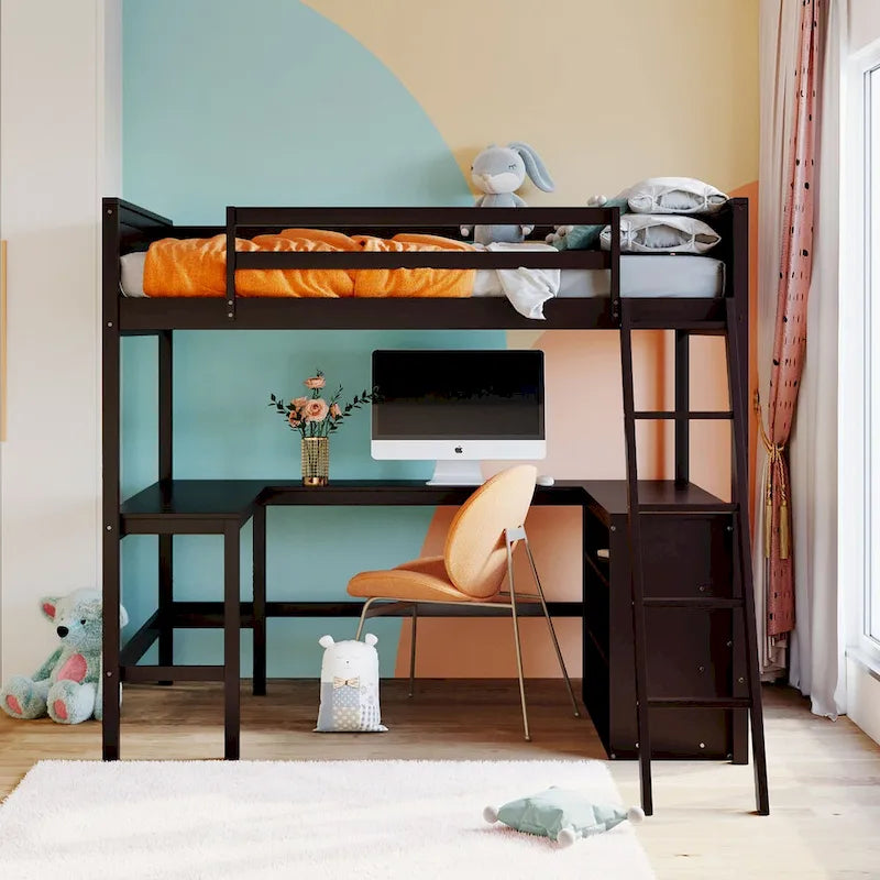 Lit mezzanine pleine grandeur avec bureau et étagères, Expresso/Blanc/Gris, 1 personne