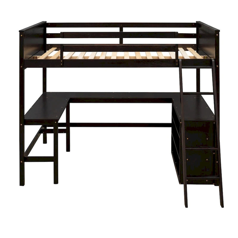Lit mezzanine pleine grandeur avec bureau et étagères, Expresso/Blanc/Gris, 1 personne