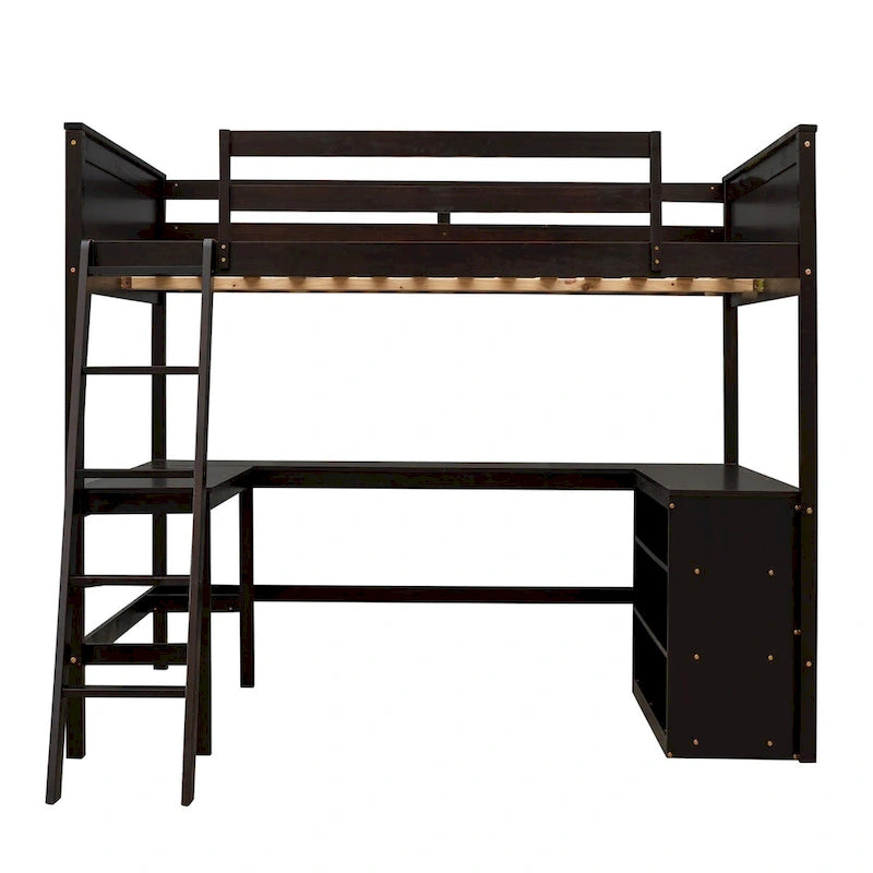 Lit mezzanine pleine grandeur avec bureau et étagères, Expresso/Blanc/Gris, 1 personne