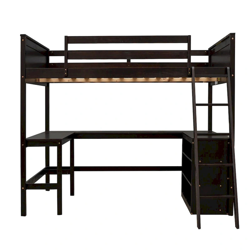 Lit mezzanine pleine grandeur avec bureau et étagères, Expresso/Blanc/Gris, 1 personne