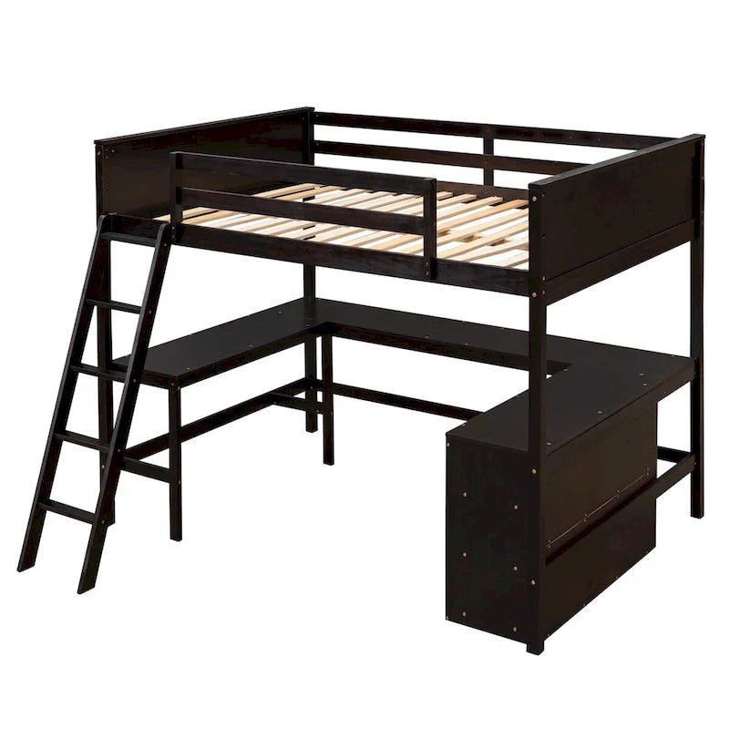 Lit mezzanine pleine grandeur avec bureau et étagères, Expresso/Blanc/Gris, 1 personne