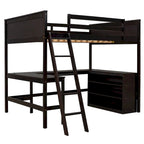 Lit mezzanine pleine grandeur avec bureau et étagères, Expresso/Blanc/Gris, 1 personne