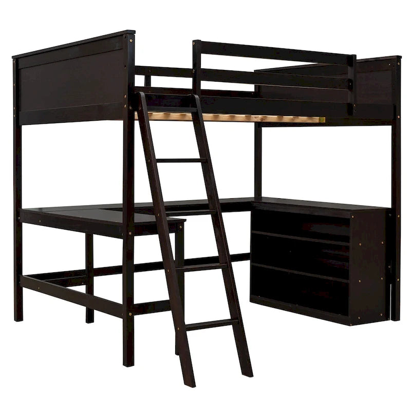 Lit mezzanine pleine grandeur avec bureau et étagères, Expresso/Blanc/Gris, 1 personne