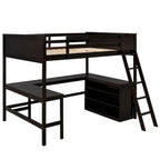 Lit mezzanine pleine grandeur avec bureau et étagères, Expresso/Blanc/Gris, 1 personne