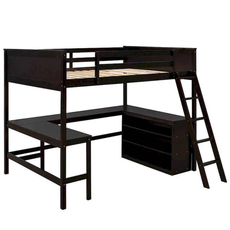 Lit mezzanine pleine grandeur avec bureau et étagères, Expresso/Blanc/Gris, 1 personne
